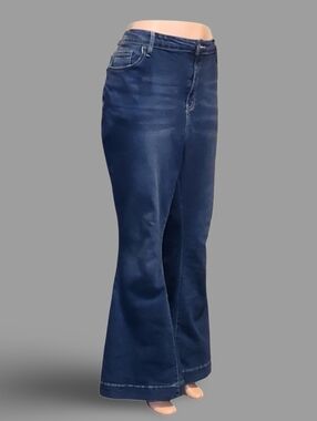 Women's Blue Flared Stretch Denim Jeans Medium Wash 5-Pocket Plus Size festival